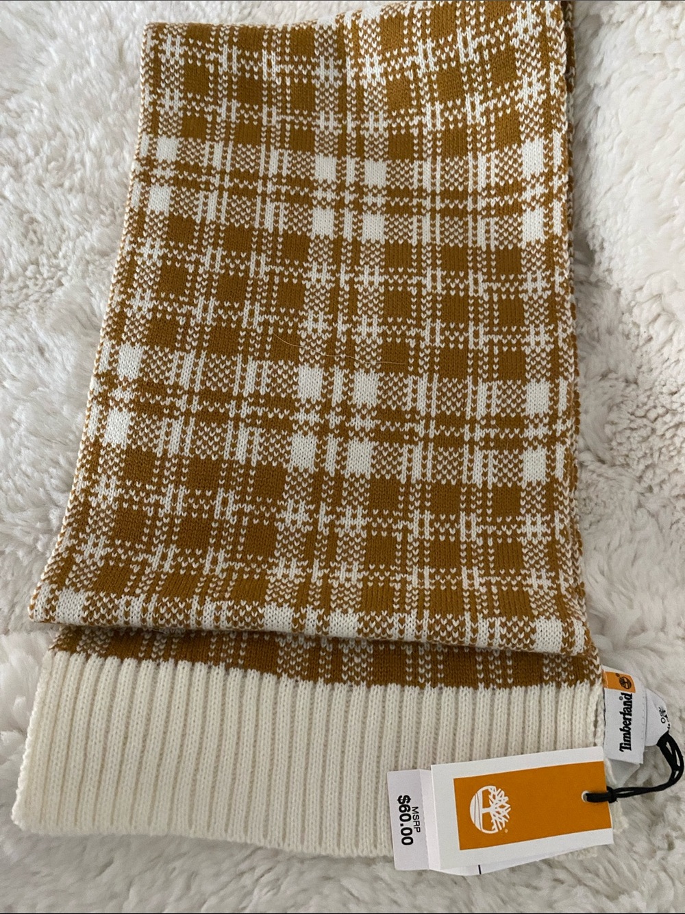 Timberland Cream and Mustard Plaid Knit Scarf